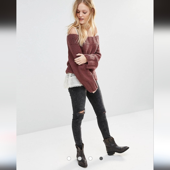 Free People S Beachy Off The Shoulder Sweater Ribbed Knit Pullover Boho Hippie - Picture 5 of 16